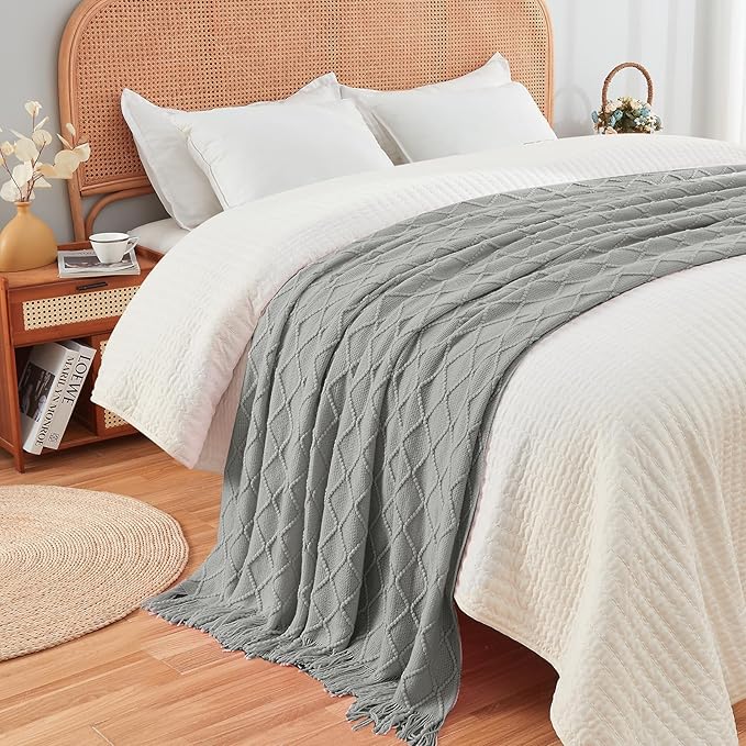 inhand Knitted Throw Blankets for Couch and Bed, Soft Cozy Knit Blanket with Tassel, Light Grey Lightweight Decorative Blankets and Throws, Farmhouse Warm Woven Blanket for Men and Women, 60"x80"-Ruum Studio Home