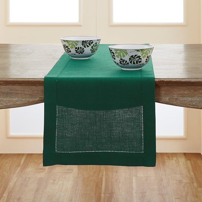 Solino Home Linen Rainforest Green Table Runner 120 Inches Long - 100% Pure Linen Hemstitch 14 x 120 Inch Table Runner for Dining, Fall, Autumn, Thanksgiving - Classic Hemstitch-Ruum Studio Home