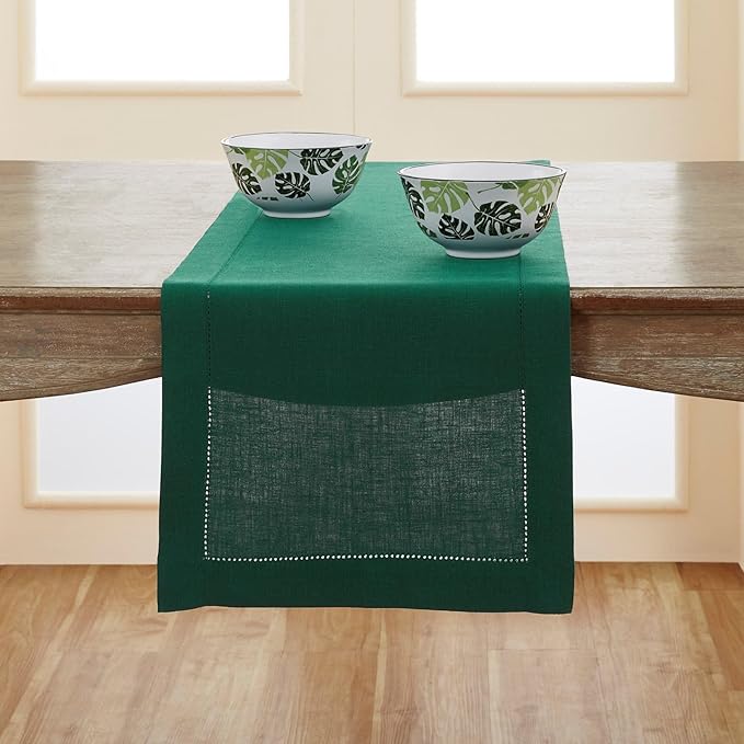 Solino Home Linen Rainforest Green Hemstitch Table Runner 48 Inches - 100% Pure Linen Small Table Runner 14 x 48 Inch Ideal for Dresser and Coffee Tables - Classic Hemstitch - Christmas, Thanksgiving-Ruum Studio Home