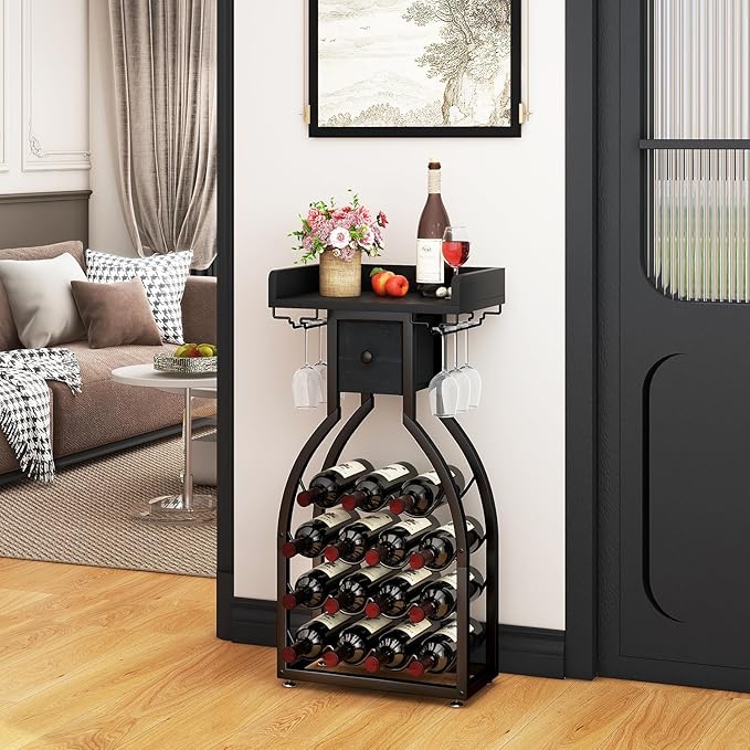 IBUYKE Wine Rack Freestanding Floor,Wine Storage 15 Bottles Bottle Rack with Glass Holders, Mini Bar Wine Cabinet with Storage Drawer for Home Bar Kitchen Dining Room,Black,UTMJ908B-Ruum Studio Home
