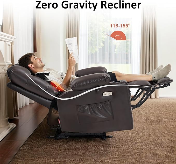 MCombo Zero Gravity Power Recliner Chair with Heat and Vibration Massage, Reclining Chair with USB Ports, Cup Holders for Living Room, Faux Leather PR621 (Brown)-Ruum Studio Home