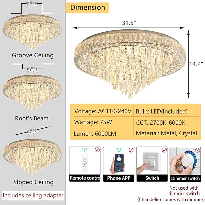 Modern Chandeliers for Living Room Crystal Ceiling Light Fixture LED Dimmable Lamp with Remote Pendant Lighting Flush Mount Ceiling Lighting for Dining Room Bedrooms-Ruum Studio Home