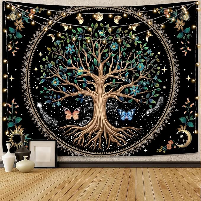 Lunerfex Tree of Life Tapastry Sun and Moon Tapastry Flower Boho Tree Mandala Wall Hanging for Bedroom and Living Room Decor Green Tree 60×80 Inches-Ruum Studio Home