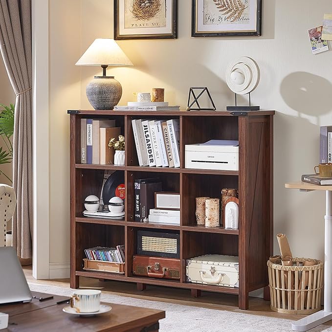 9 Cube Bookcase, Farmhouse 47 Inch Wide Brown Walnut Bookshelf, Wooden 3 Tier Display Large Open Book Shelf, Vintage Horizontal Book Case for Home Office, Cubby Storage Cabinet for Living Room-Ruum Studio Home