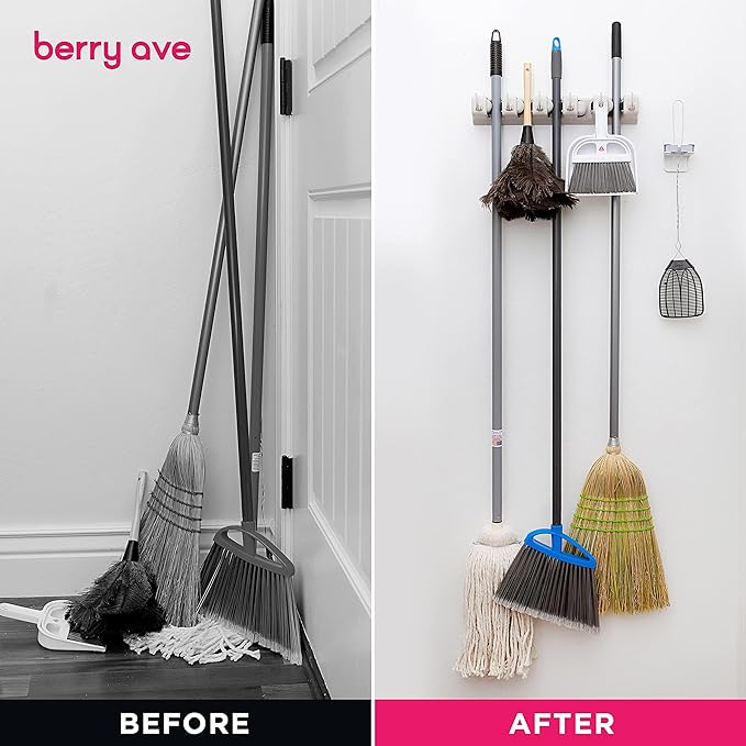 Berry Ave Broom Holder & Wall Mount Garden Tool Organizer- Kitchen, Closet, Garage & Laundry Room Storage With 5 Slots And 6 Hooks- Wall Holder For Broom, Rake & Mop Handles Up To 1.25” [Beige 2-Pack]-Ruum Studio Home