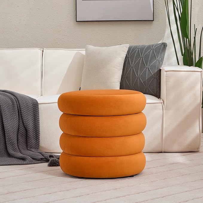 ONEVOG Round Storage Ottoman, 20" Small Ottomans Table with Removable Lid, Velvet Fabric Soft Footrest Stools for Couch, Upholstered Stuffed Circle Seat for Living Room/Bedroom/Dorm/Vanity, Orange-Ruum Studio Home