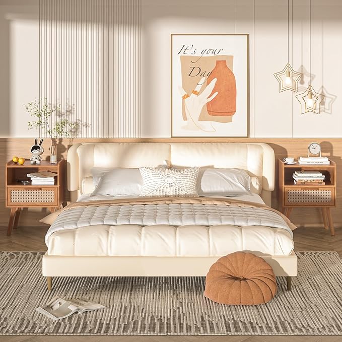 Lerliuo Rattan Nightstand, Side Table with Drawer Open Shelf, Cane Accent Bedside End Table with Solid Wood Legs, Mid Century Modern Night Stand for Bedroom, Dorm and Small Spaces (Tea Brown)-Ruum Studio Home