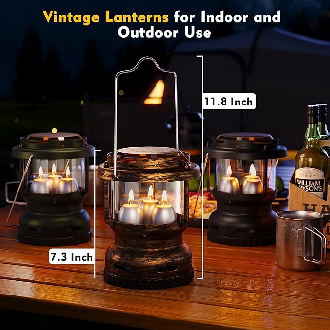 3-Wick Emergency Candle Lantern for Power Outages [18H+ Burning Time] Vintage Decorative Candle Lantern for Real Candles, Outdoor Portable Camping Survival Lighting [7.1"*5.7" - Vintage Brass]-Ruum Studio Home