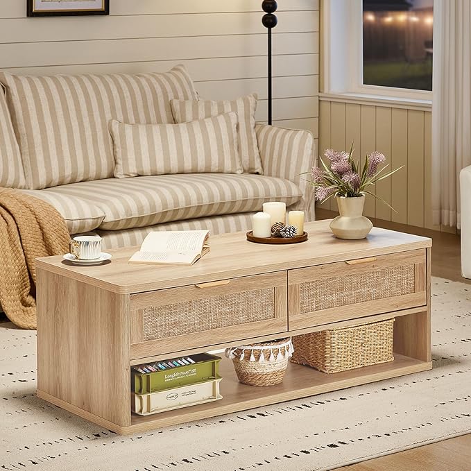 LEYAOYAO Boho Rattan Coffee Table and End Table Sets, 48" Wide Center Tables & 23" Night Stand with Charging Station Chest of Drawers, Natural Wood Coffee Table for Living Room 2 Piece Set-Ruum Studio Home