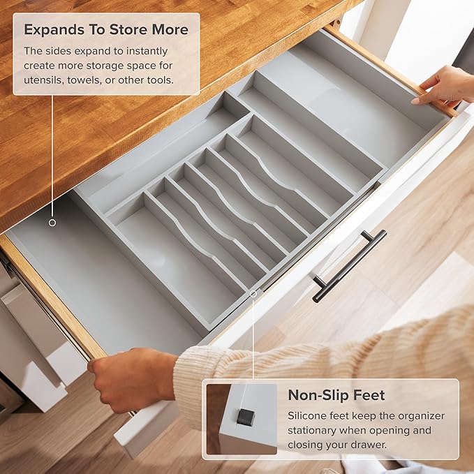 Premium Silverware, Flatware and Utensil Organizer for Kitchen Drawers, Food-Safe Contract Grade, Expandable from 18 to 33 In, Gray Bamboo-Ruum Studio Home