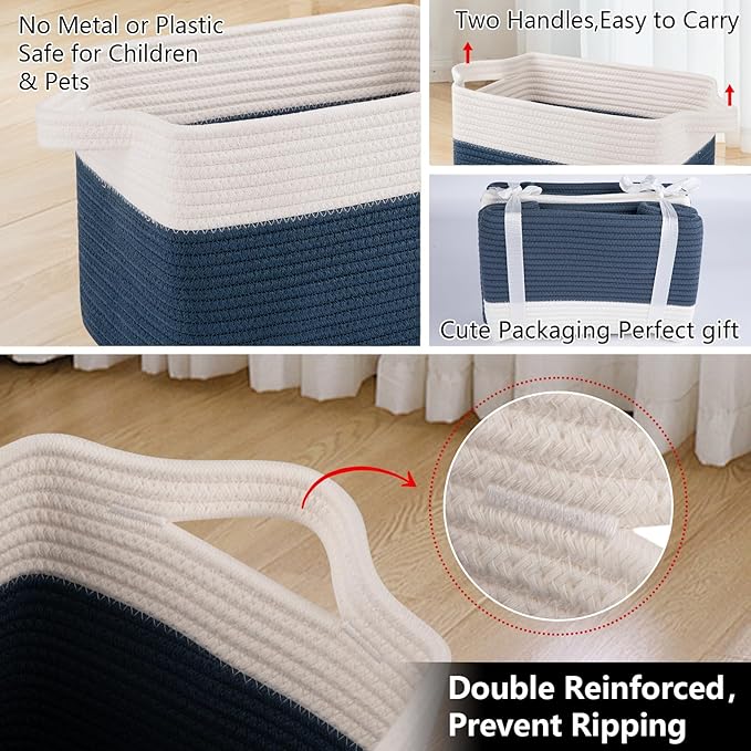 OIAHOMY Storage Baskets - Woven Cotton Rope Baskets for Shelves, Toy Towel Organizer Bins, Pack of 3, Blue & White-Ruum Studio Home