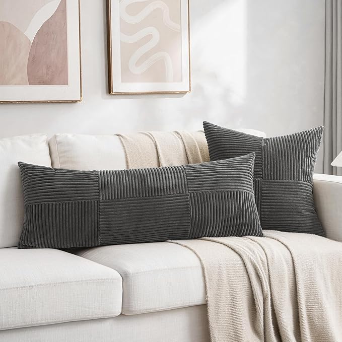 Fancy Homi 2 Packs Dark Gray Decorative Throw Pillow Covers 16x16 Inch for Living Room Couch Bed, Rustic Farmhouse Boho Home Decor, Soft Corss Patchwork Corduroy Textured Square Cushion Case 40x40 cm-Ruum Studio Home