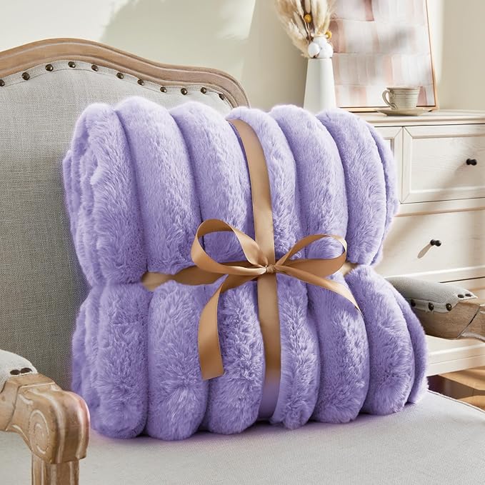 BEDELITE Faux Fur Throw Blanket for Couch, Soft and Cozy Luxurious 3D Striped Fluffy Blanket, 770GSM Thick Warm Plush Fuzzy Faux Rabbit Fur Blanket for Women Gift (Lavender, 60"x 80")-Ruum Studio Home