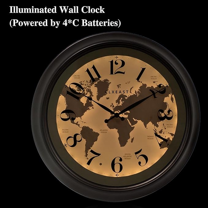 CLXEAST 18 Inch Illuminated Wall Clock with Smart LED Light Sensor, Large Modern World Map Wall Clocks for Living Room Decor,Oil Rubbed Bronze,Unique House Warming Gifts-Ruum Studio Home