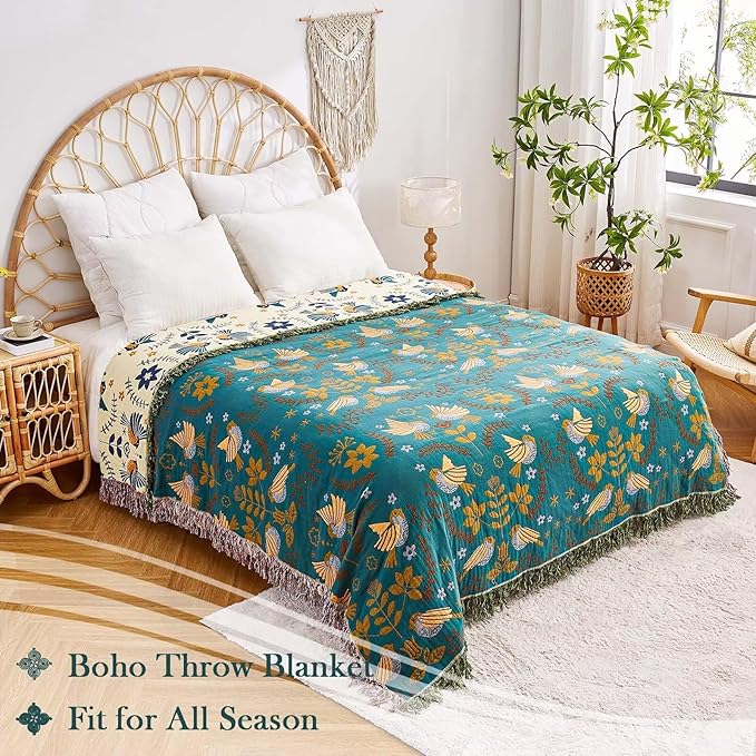 Boho Throw Blanket, 100% Cotton Ultra Soft Luxury Throw Rustic Quilt, 90"x98" Floral Printed Farmhouse Decor Bed Summer Blankets, All Season Rustic Reversible Bohemian Throw for Bed - Blue-Ruum Studio Home