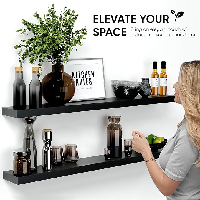 Homeforia Floating Black Shelf 60 inch, High End Solid Real Wood 60 inches Long Floating Shelves for Wall, Black Wooden 60inch Large Floating Shelves, Heavy Duty Bracket, 60 X 6.5 X 1.75 in, Set of 2-Ruum Studio Home
