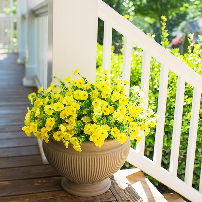 Artificial Mums for Outdoors Fake Fall Flowers Plants for Autumn Decoration, 12 Bundles Silk Morning Glory with Eucalyptus Look Real UV Resistant Yellow Faux Mums for Outside Planters Front Door Yard-Ruum Studio Home