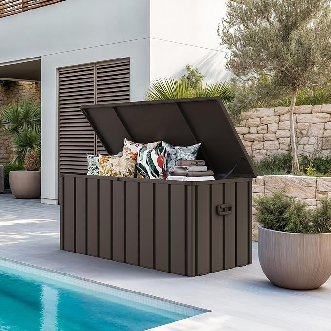 PURPLE LEAF Outdoor Deck Box 100 Gallon Waterproof Lockable Storage Box Container with Lid Deck Organization for Patio Cushions Side Table Pool Accessories Garden Tools, Brown-Ruum Studio Home