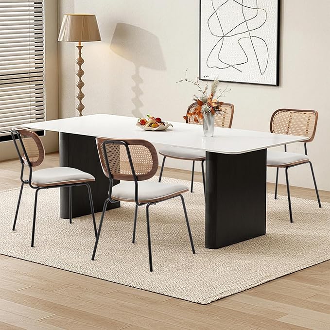 Rattan Dining Chairs Set of 4, Mid Century Modern Dining Chairs with Cane Back for Kitchen Dining Room, 19 Inch Fabric Beige-Ruum Studio Home