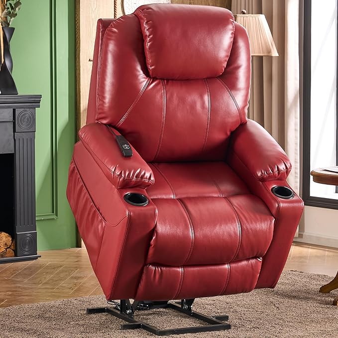 SALOHZA Power Lift Recliner Chair for Elderly with Massage and Heat for Living Room, Electric Recliner Chair for Adults with USB/Type C Port/Cup Holders, PU Faux Leather, Red-Ruum Studio Home