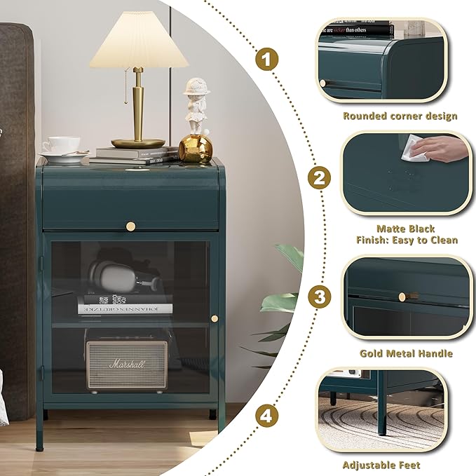 Modern Metal Side Tables, End Tables with Glass Door, 2-Tier Nightstands with Storage Shelves, Accent Table, Slim Sofa Table for Living Room, Bedroom (1, Green)-Ruum Studio Home