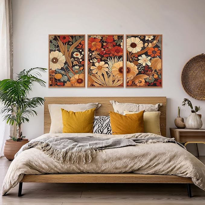 Aurlan Boho Burnt Orange Terracotta Wildflowers Framed Wall Art(16"x24"), 3 PCS Abstract Floral 3D Textured Canvas Artwork, Large Modern Vintage Botanical Nature Art Wall Decor for Home Office Living Room Bedroom-Ruum Studio Home