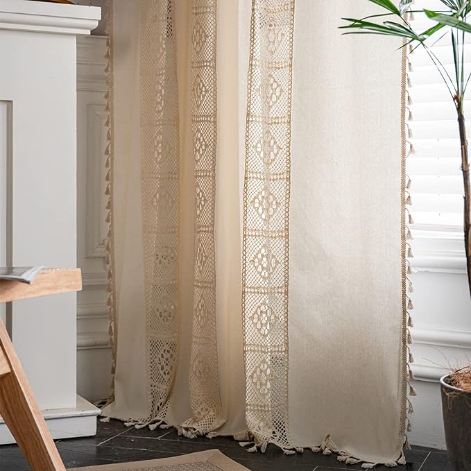 Sutuo Home Boho Curtain Crochet Lace Patchwork Semi-Blackout Bohemian Handmade Tassels, Rod Pocket Window Treatment Vintage Rustic Farmhouse Drapes for Bedroom, 1 Panel 59" W x 96" L, Beige-Ruum Studio Home