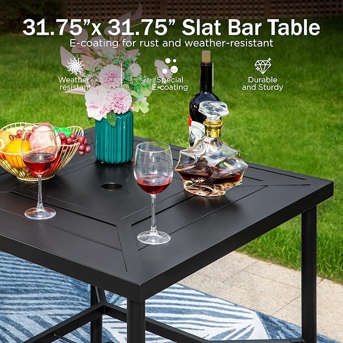 PHI VILLA 3 PCS Patio Bar Set, Bar Height Chair with 3.5" Thicker Cushion & Retro-Metal Square Table,Sturdy and Durable,Outdoor Height Bar Dining Set for Poolside,Yard-Ruum Studio Home