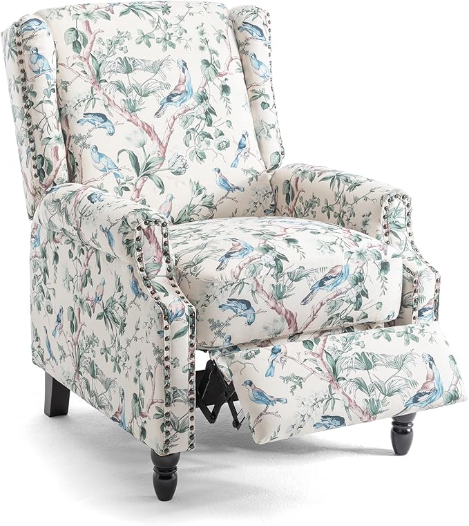 UIXE Floral Pushback Recliner Chair, Fabric Upholstered Armchair Push Back Accent Chair for Living Room, Rivet Trim Club Chair Home Theater Single Sofa Reading Seat - Bird-Ruum Studio Home
