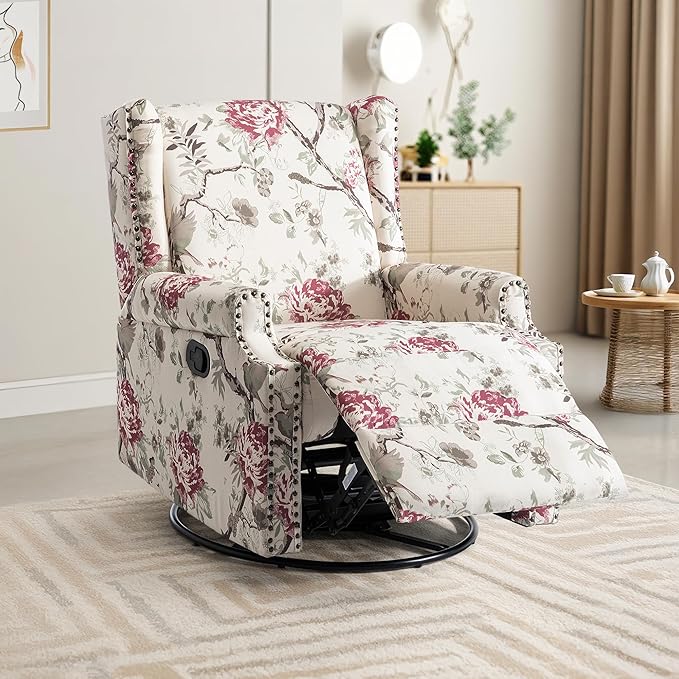 UIXE Swivel Rocker Manual Recliner Chair, Wingback Swivel Glider Fabric Nursery Reclining Sofa Chair, High Back Upholstered Arm Chair for Living Room Bedroom - Beige Floral-Ruum Studio Home