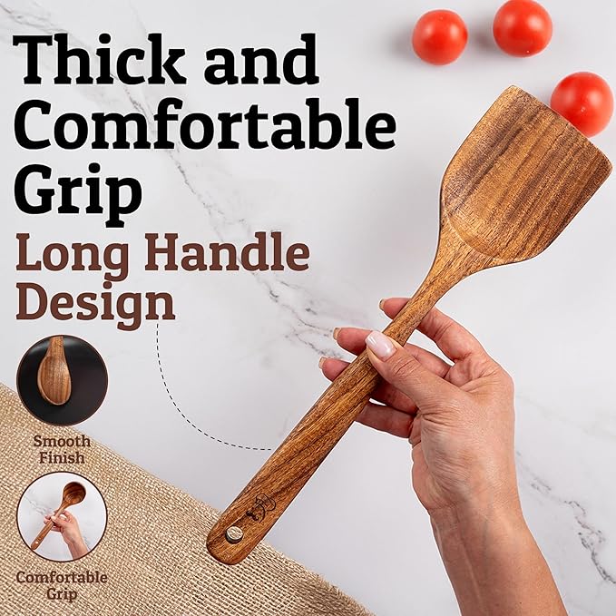 PriorityChef Premium Wooden Spoons for Cooking - 6pc with Utensil Holder, Spoon Rest and Hanging Hooks, Smooth Finish Teak Wooden Utensil Set, Heat-Resistant & Nonstick Safe, Ideal for Gifting-Ruum Studio Home