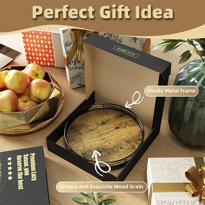 Lazy Susan Turntable Organizer for Table Top, 9’’ Round Wooden Lazy Susan for Cabinet Kitchen Countertop Pantry Dining Coffee Table for Condiments Spices, Rustic Bathroom Vanity Tray for Soap Candle-Ruum Studio Home