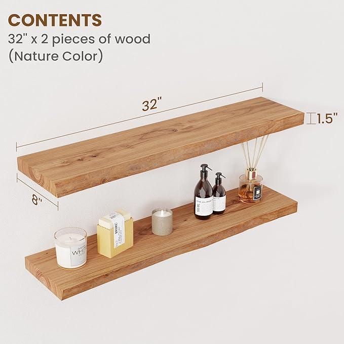 Floating Shelves for Wall Decor, Rustic Solid Elm Wood Live Edge Floating Shelves Wall Mounted, Wall Shelves with Invisible Bracket for Living Room Bathroom Bedroom Kitchen, 32 Inch Set of 2, Natural-Ruum Studio Home