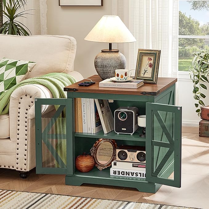 24" End Table with Charging Station, Farmhouse Night Stand with Glass Barn Door, Green Nightstands with Adjustable Storage Shelf, Large Wood Square Bed Side Table for Living Room, Bedroom-Ruum Studio Home