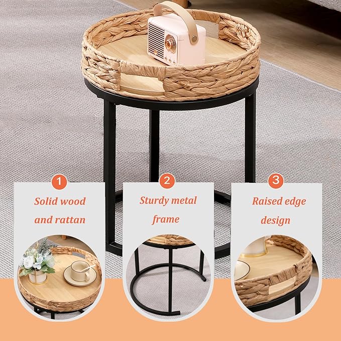 Nesting Coffee Table, Small Round Stacking Side Table with Metal Frame, Modern End Table for Living Room Bedroom Office Balcony (Rattan, 1)-Ruum Studio Home