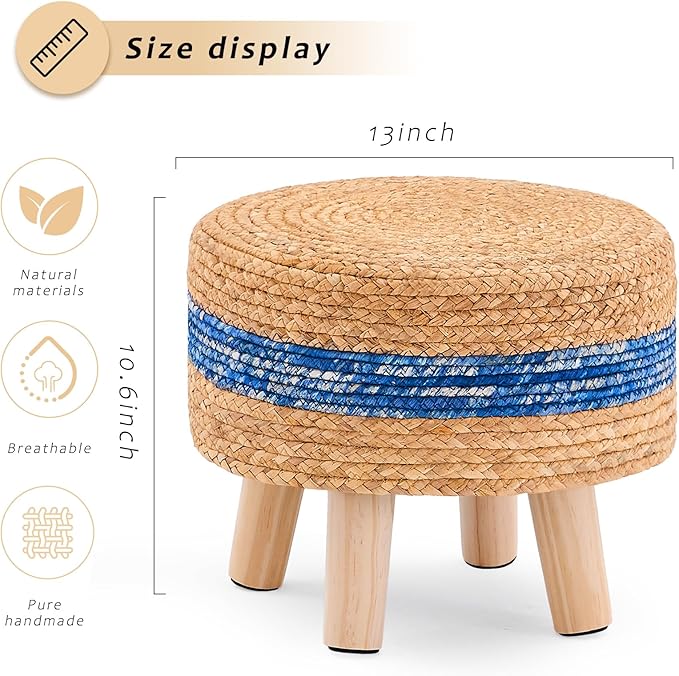 Handwoven Round Ottoman, Natural Water Hyacinth Outdoor Patio Pouf Seagrass Low Stool with Wood Legs, Soft Padded Footrest for Living Room Bedroom Garden, Blue-Ruum Studio Home