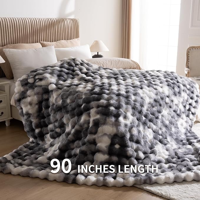 Cozy Faux Fur Throw Blanket for Bed-Warm Fuzzy Throw Blanket, Soft Plush Thick Bubble Blankets for Bedroom and Living Room, Furry Luxury Blanket, 90 x 108,Tie-Dye Grey-Ruum Studio Home
