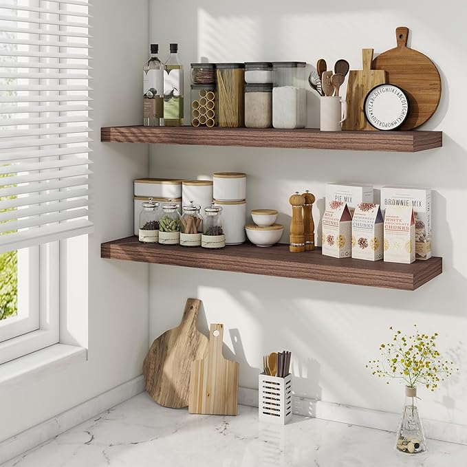 36 Inch Floating Shelves, 9.3 Inch Deep Rustic Wall Shelves - Extra Deeper Wall Mounted Storage Shelves for Bathroom, Kitchen, Living Room (Walnut, Set of 2)-Ruum Studio Home