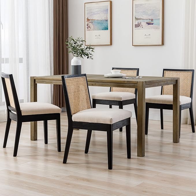 VESCASA Upholstered Dining Chairs with Square Rattan Back, Armless Padded Linen Cushion Dining Chairs with Wood Legs for Dining Room, Kitchen, Set of 6, Black Frame-Ruum Studio Home