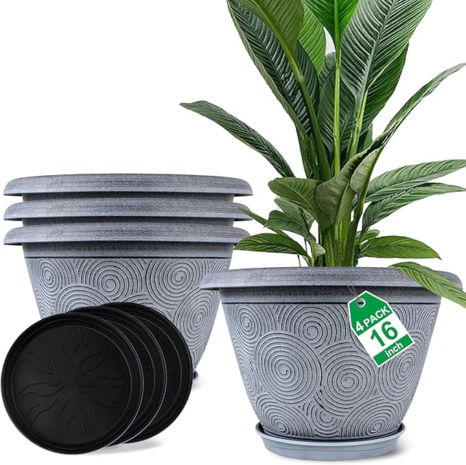 16 Inch Large Planter Pot for Plants Indoor Outdoor, 4 Pack Plastic Flower Pots with Drainage Hole & Tray, Modern Decorative Garden Pot with Saucer, Plant Container for House-Ruum Studio Home