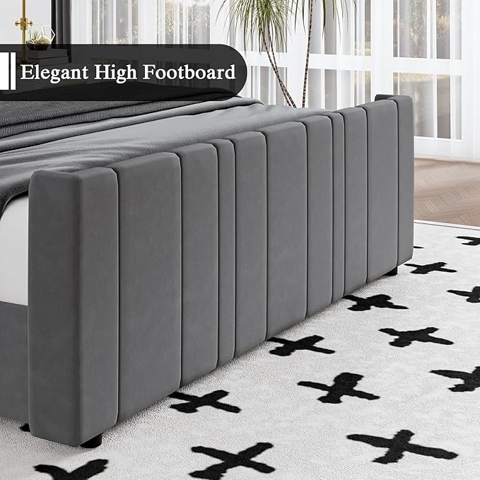 HOMBCK Queen Bed Frame Upholstered Bed with Velvet Headboard & Footboard, Vertical Channel Tufted Design/Wooden Slats/Noise Free/No Box Spring Needed/Easy Assembly, Grey-Ruum Studio Home
