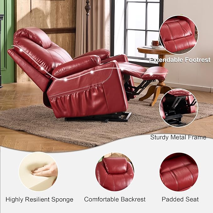 SALOHZA Power Lift Recliner Chair for Elderly with Massage and Heat for Living Room, Electric Recliner Chair for Adults with USB/Type C Port/Cup Holders, PU Faux Leather, Red-Ruum Studio Home