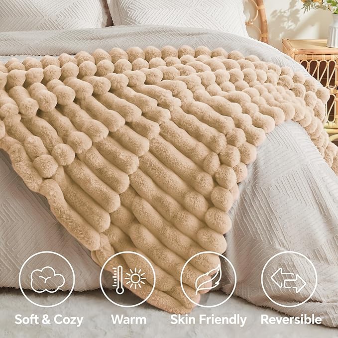 BEDELITE Faux Fur Throw Blanket for Couch, Soft and Cozy Luxurious 3D Striped Fluffy Blanket, 770GSM Thick Warm Plush Fuzzy Faux Rabbit Fur Blanket for Women Gift (Brown, 50"x 60")-Ruum Studio Home