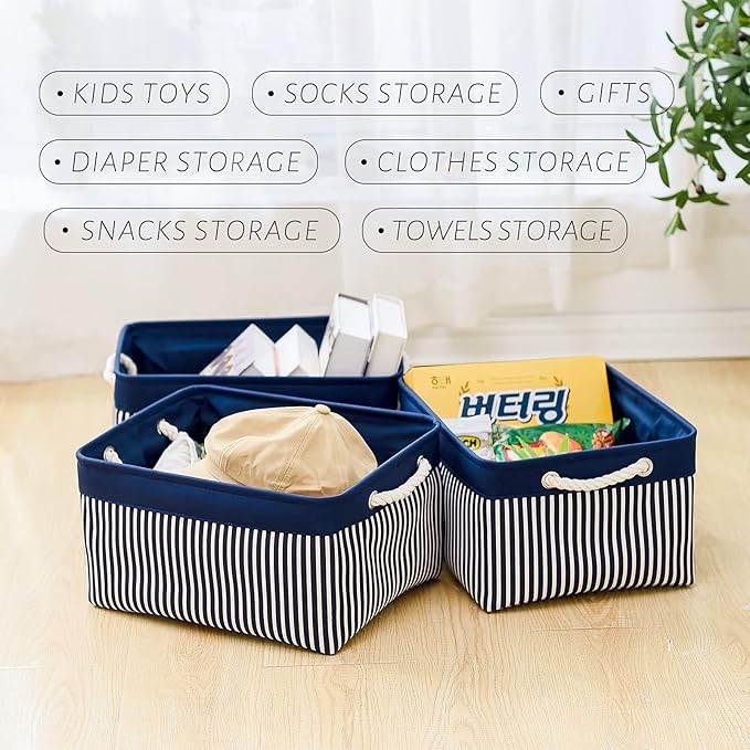 TcaFmac Storage Basket for Organizing - Large 4 Pack Foldable Storage Bins Baskets for Shelves with Ropes, Fabric Storage Cubes for Cloth Toy Gift Kids (Navy & White 16x12x8 inch)-Ruum Studio Home
