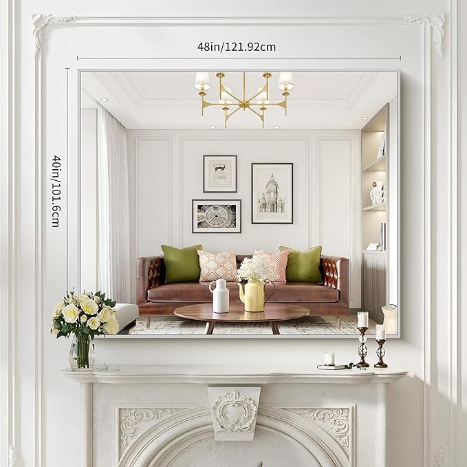 40x48inch Silver Bathroom Mirror, Silver Rectangle Mirror with Frame, Large Rectangular Wall Mirrors for Bathroom, Living Room, Hair Salon, Big Farmhouse Mirror Hang Horizontal/Vertical-Ruum Studio Home