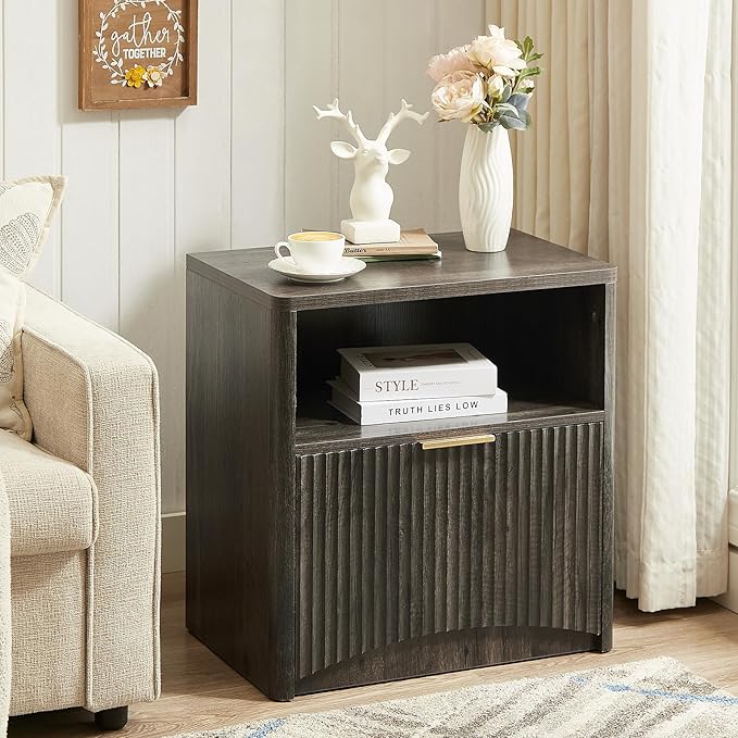 Fluted Nightstand, Dark Grey Bedside Table with Drawer and Storage, Wood End Table Mid Century Modern, Large Night Stand for Bedroom-Ruum Studio Home