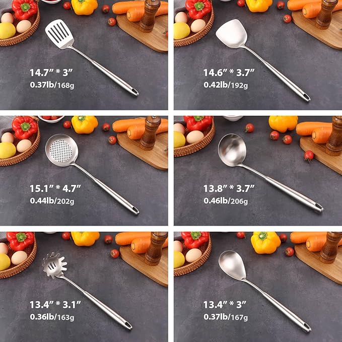 18/10 Stainless Steel Kitchen Utensils Set - 12 PCS All Metal Cooking Tools & 15″ Serving Utensils - Potato Masher, Meat Fork, Tongs, Turner, Pasta, Serving Spoon, Skimmer, Ladle, Spatula Spoon Set-Ruum Studio Home
