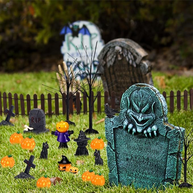 Wesiti 30 Pcs Halloween Village Accessories Set Miniature Halloween Figurines Village Trees Cat Pumpkin Tombstones Figurine Horror Miniature Accessories for Garden Decor-Ruum Studio Home
