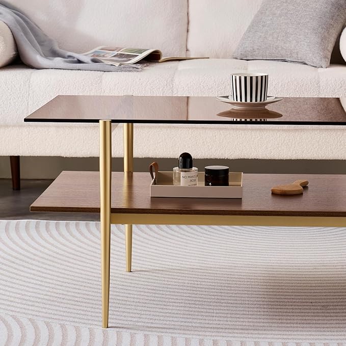 Rectangle Coffee Table, Mid-Century Modern Design, L41 W21 x H17, for Living Room, 2-Tier Structure, Amber Glass Top and Walnut MDF Shelf, Sleek Conical Metal Legs with Gold Finish-Ruum Studio Home