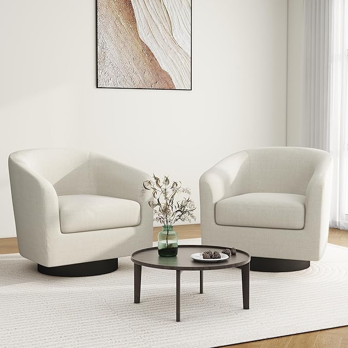 Swivel Barrel Accent Chair, Modern Round Linen Arm Chair for Living Room, Bedroom, Comfy Club Reading Chairs for Adults（Linen Fabric, Beige, Set of 2-Ruum Studio Home